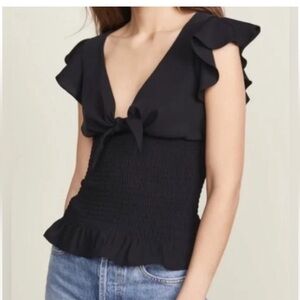 Amanda Uprichard beautiful smoked ruffle front tie black blouse